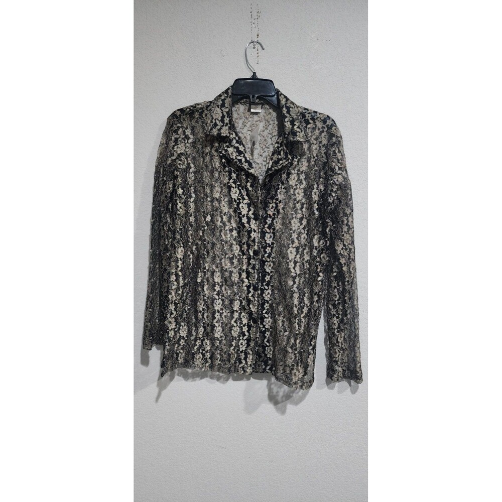 Salon Studio Black & Gold Sheer See-through Button Down Floral Top Stretch Sz L